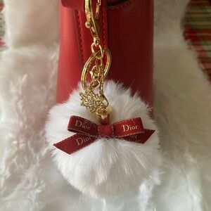 Red and Gold Bow Fur Pom Bag Charm